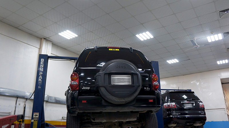 Jeep on a workshop lift